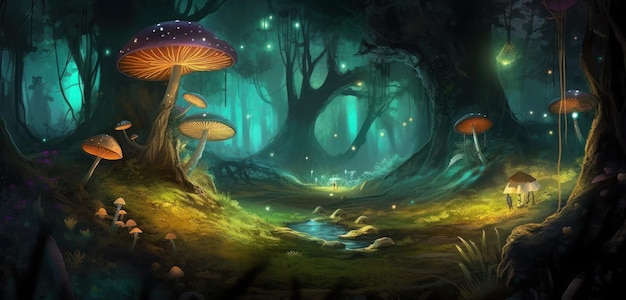 A forest with mushrooms and a pond in the middle