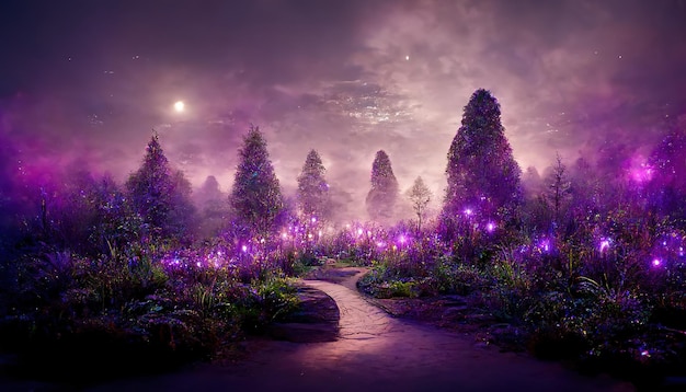 Forest with mysterious purple light with trees bushes and stone path at night under starry sky 3d illustration