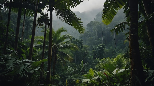 a forest with palm trees and a mountain in the background