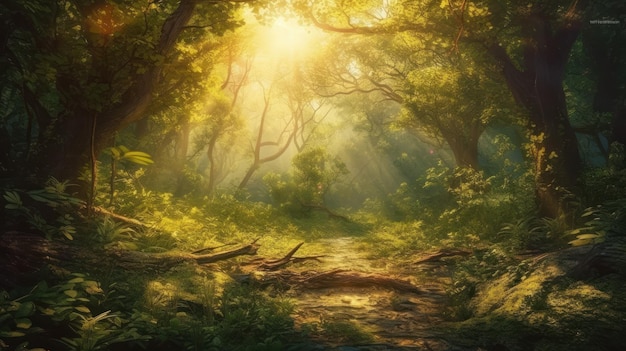 A forest with a path and the sun shining through the trees