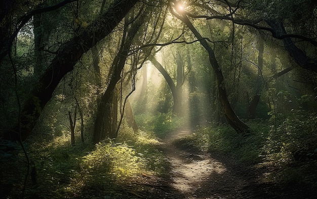 A forest with a path and the sun shining through the trees