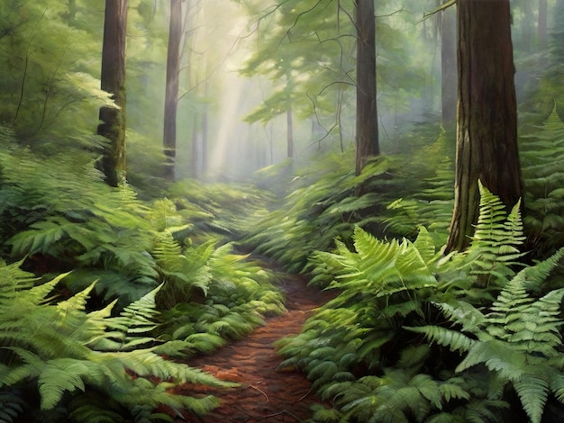 a forest with a path that has ferns