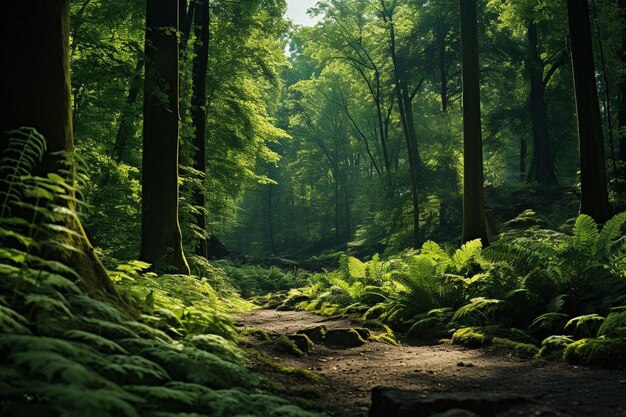 Foto una foresta con un sentiero che ha una foresta sullo sfondo