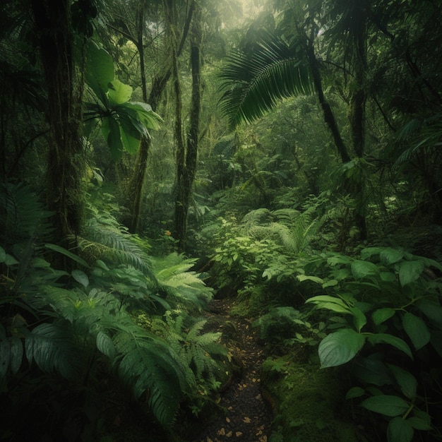 A forest with a path that has a leafy plant on it.