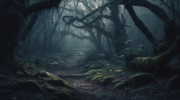 A forest with a path that has a light on it