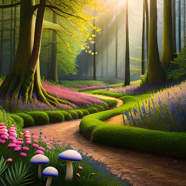 A forest with a path that has mushrooms on it and a blue flower on the left.