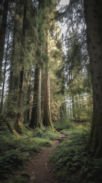 A forest with a path that has trees on it