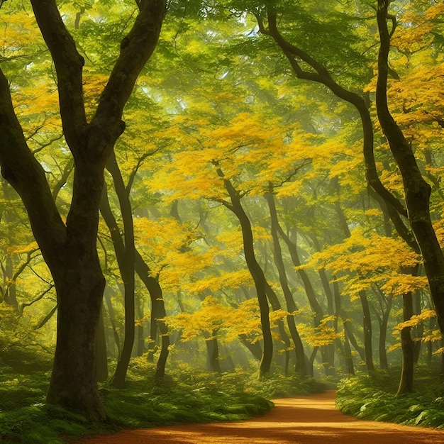 A forest with a path that has yellow leaves on it