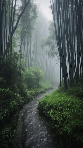 A forest with a path that is covered in fog.