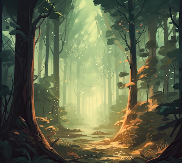 A forest with a path that is surrounded by trees and the sun shining on the ground.