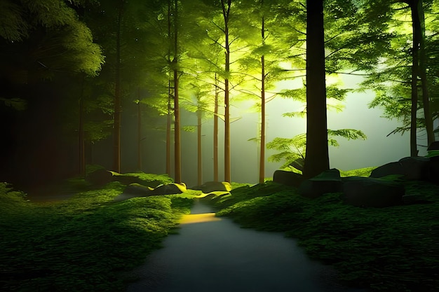 A forest with a path and trees in the background