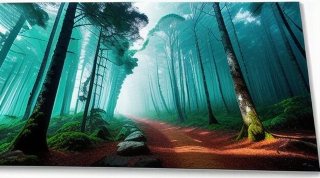Foto una foresta con un sentiero e alberi nella nebbia