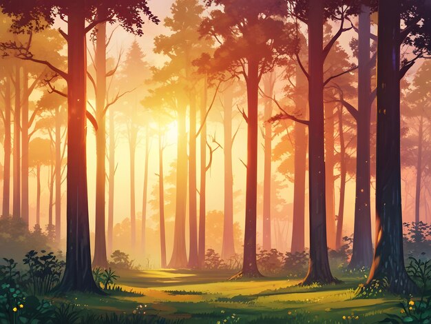 a forest with pine trees and a sunset in the background