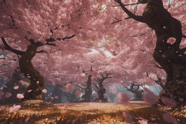 A forest with pink trees and a few trees