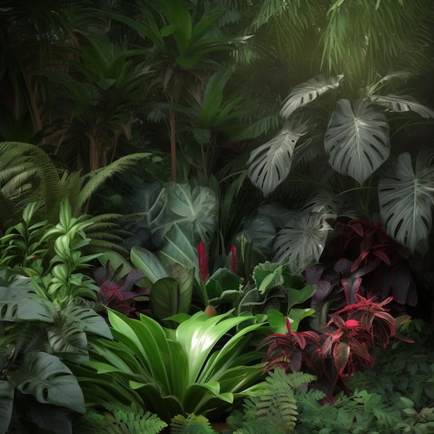 A forest with plants and plants including a leafy plant.