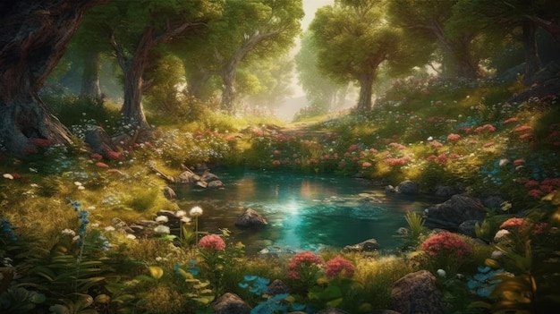 A forest with a pond and flowers on it