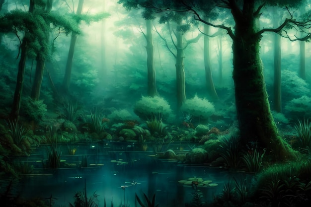 A forest with a pond and a forest with a green background