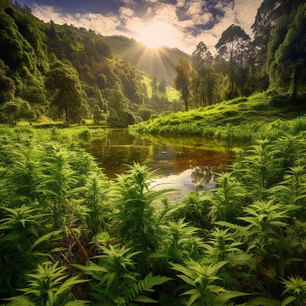 A forest with a pond and a mountain in the background