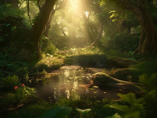 A forest with a pond and a sun shining on it