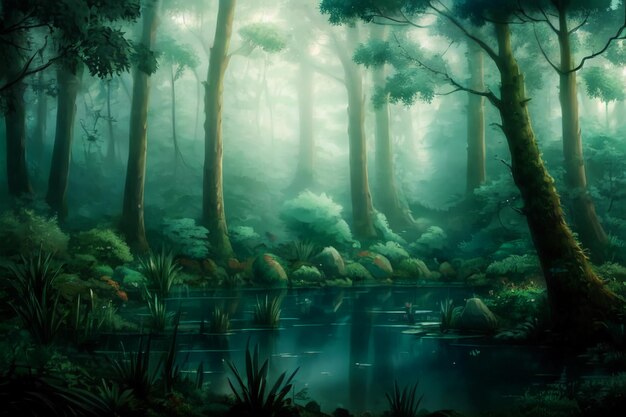 A forest with a pond and trees in the background