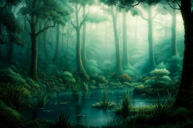 A forest with a pond and trees