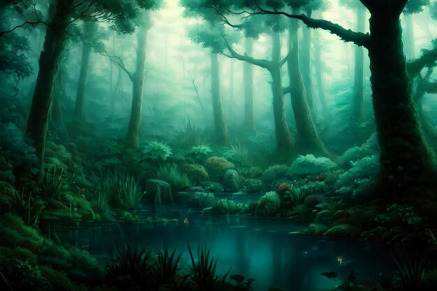 A forest with a pond and trees