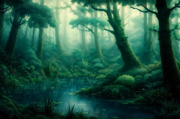 A forest with a pond and trees