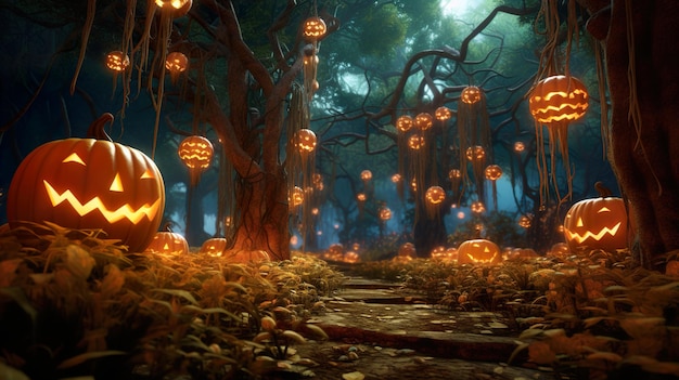 Forest with pumpkin halloween decoration