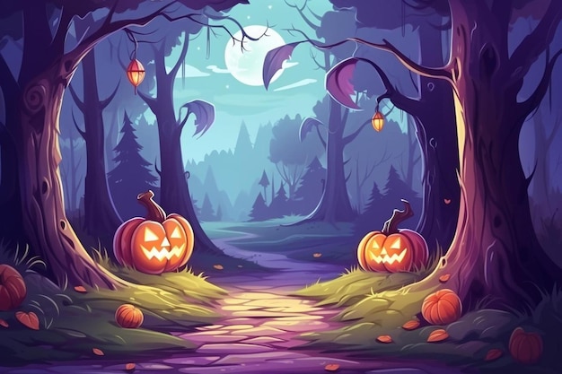 Photo a forest with pumpkins and trees in the background