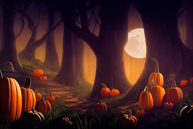 A forest with pumpkins