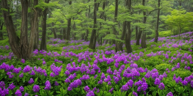 A forest with purple flowers in the foreground and a green tree in the background.