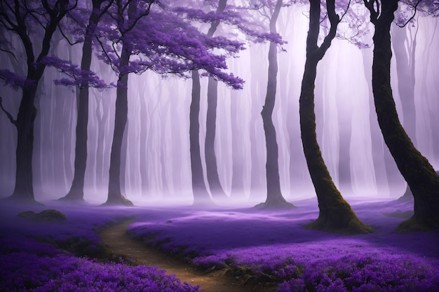 Лес с фиолетовыми деревьями и туманом