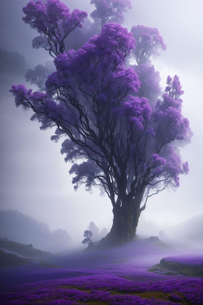 Forest with purple trees and fog