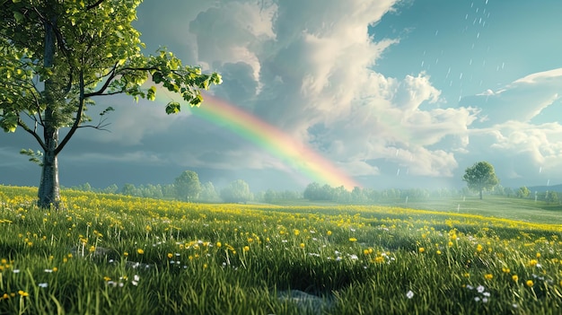 虹の森 緑の弧の色 空の色 太陽の色 フェザントのスペクトル 散らばったプリズム 妖精の現象 水 AIによって生成された