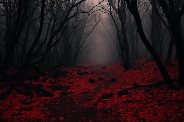 a forest with a red carpet and a red trail in the fog