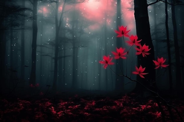 a forest with red flowers and a red sky with the sun shining through the trees