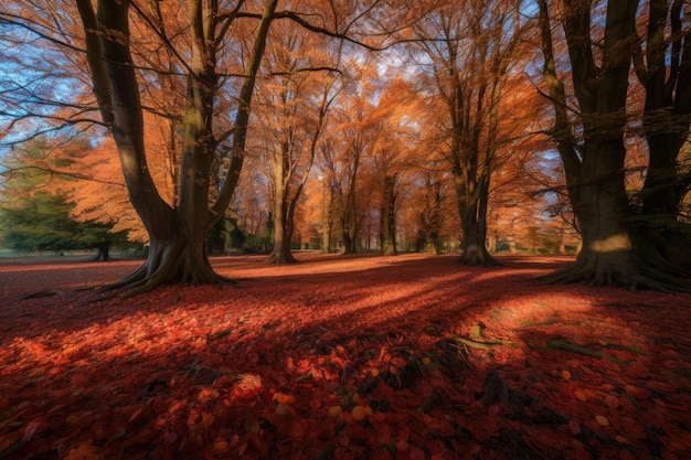 Photo a forest with red leaves on the ground