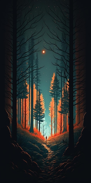 A forest with a red sun in the background