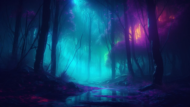 A forest with a river and a colorful light.