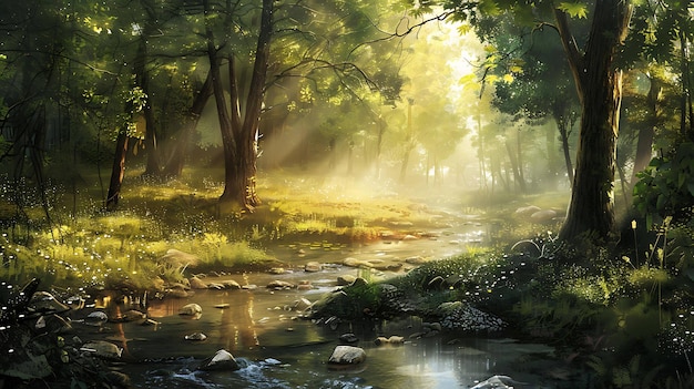 a forest with a river and a forest with a forest in the background