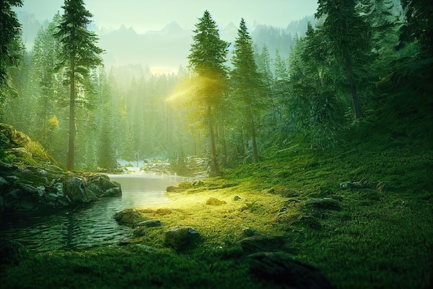 A forest with a river and a forest with a light shining on it.