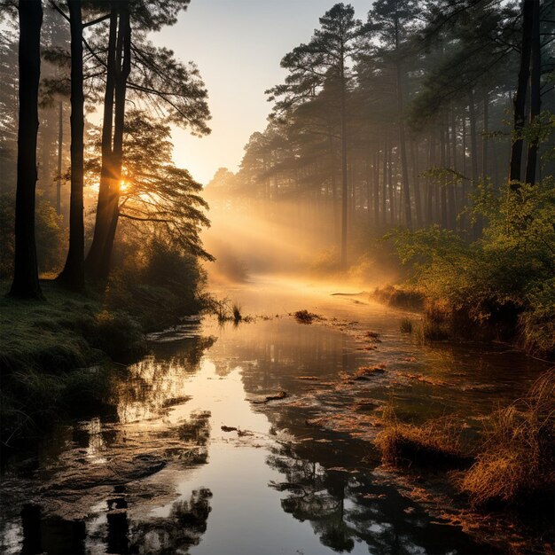 a forest with a river and a forest with a reflection of trees and the sun shining through the trees