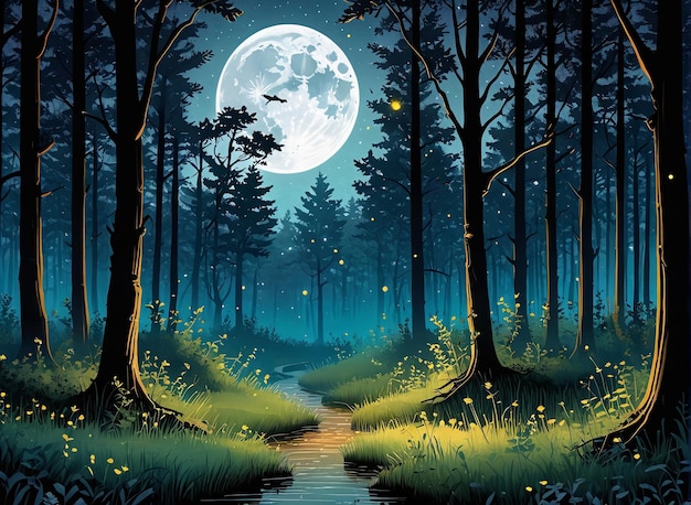 a forest with a river and a full moon