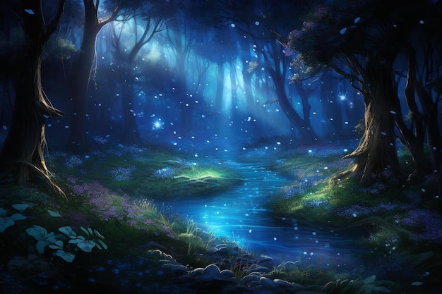 a forest with a river and the night sky