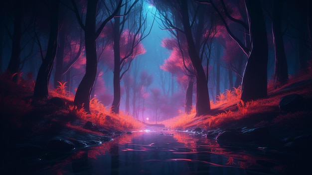 A forest with a river and a purple sky