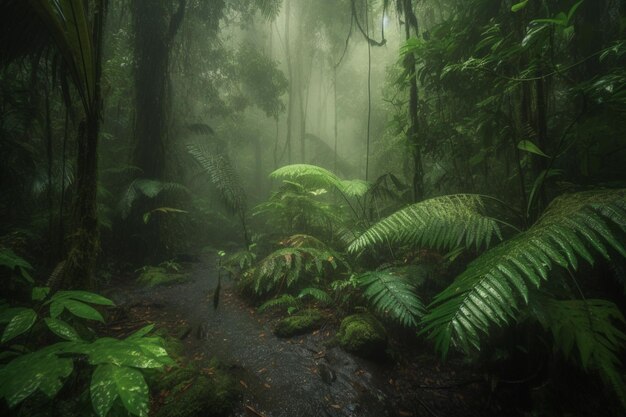 A forest with a river running through it