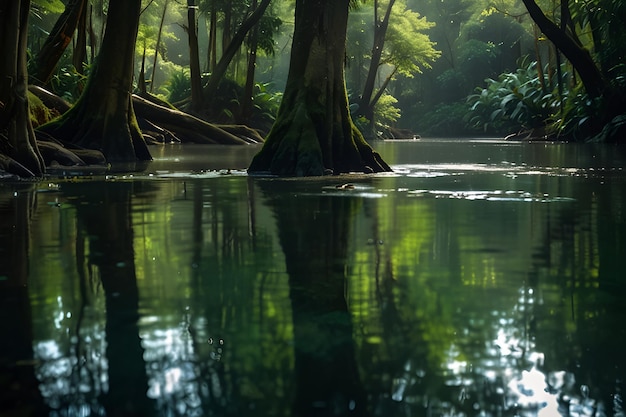 a forest with a river and trees in the background Sunlit Serenity Exploring the Enigmatic Depths