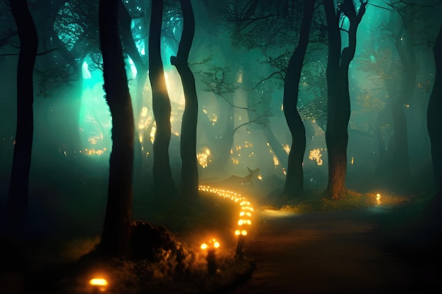 A forest with a road that has lights on it