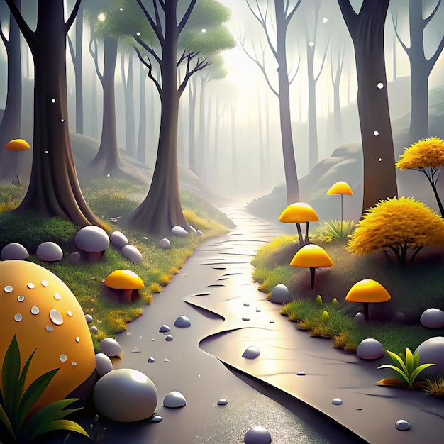 a forest with a road with a forest with trees and a road with a path in the middle