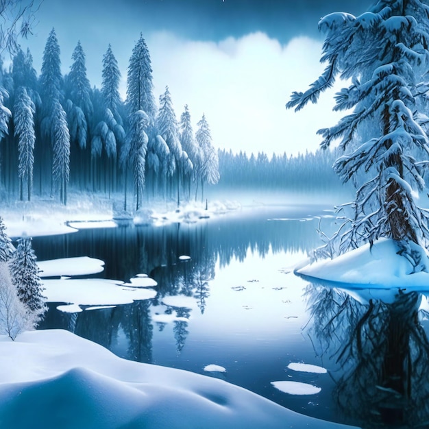 a forest with snow on the branches and a lake in the background.